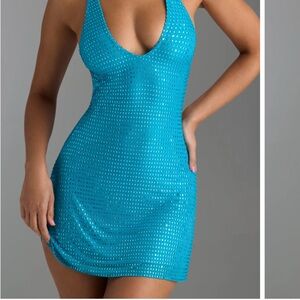 Embellished Halterneck Mini Dress in Turquoise